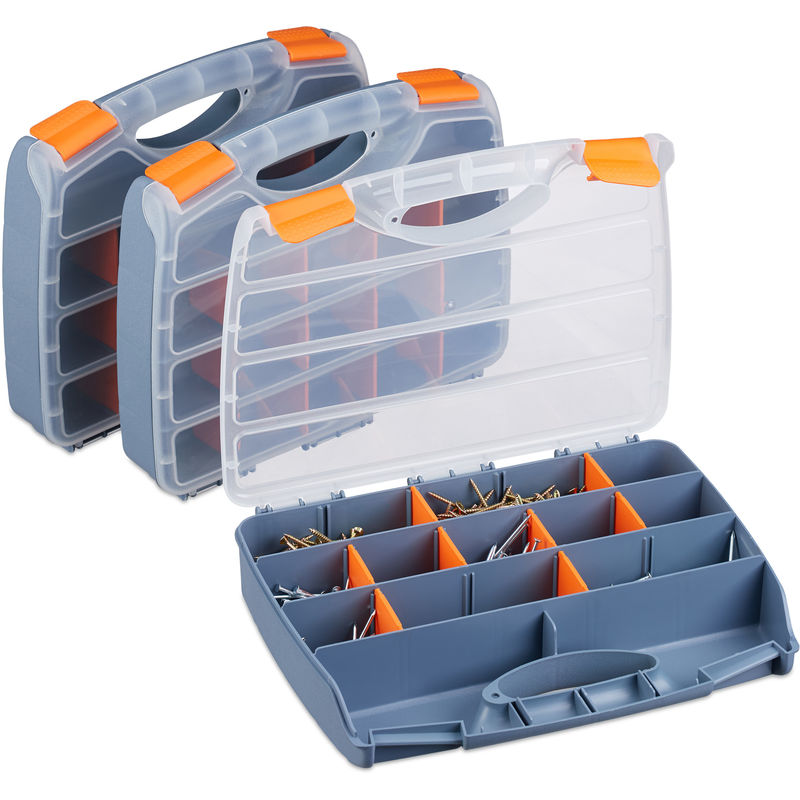 

Cajas Organizadoras, Set 3 Unidades, Clasificador Tornillos y Piezas Pequeñas, Plástico, 6x32x24 cm, Gris