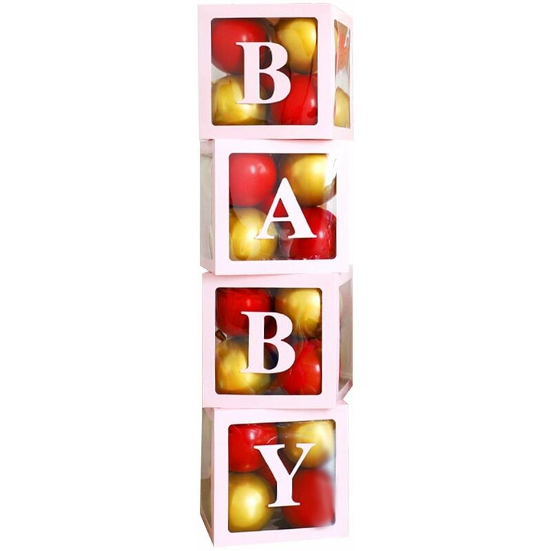 

Happyshopping - Cajas para baby shower, decoracion de fiesta, 4 cajas de globos transparentes, decoracion con letras, diseno de bloques de BABY y