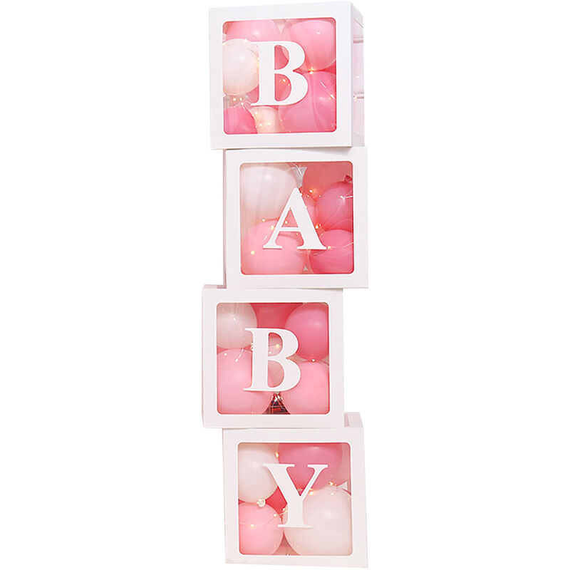 

Cajas para baby shower, decoracion de fiesta, 4 cajas de globos transparentes, decoracion con letras, diseno de bloques de BABY y LOVE para ninos,