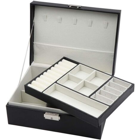 Cajas para joyas, caja para joyas de 2 niveles, cajas de cuero para joyas para mujeres, niñas y adolescentes, caja para guardar joyas, caja para guardar joyas con cerradura (negra)