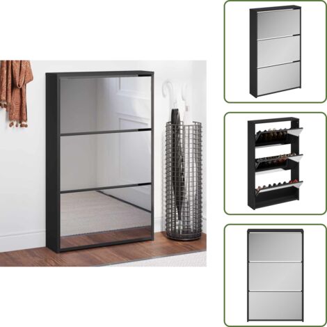 Cajón abatible - vidaXL Zapatero con espejo de 3 niveles negro 63x17x102,5 cm - Mueble de madera