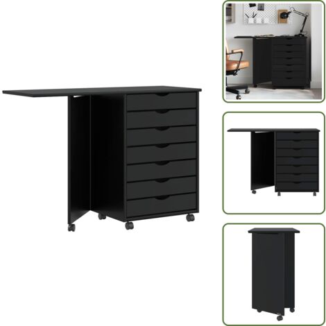 Cajón con asa - vidaXL Mueble con ruedas y escritorio MOSS madera maciza pino negro - Madera maciza de pino