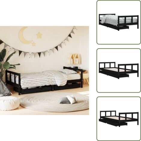 Cajón de almacenaje - vidaXL Estructura de cama niños con cajones madera pino negro 90x200cm - Cama de pino