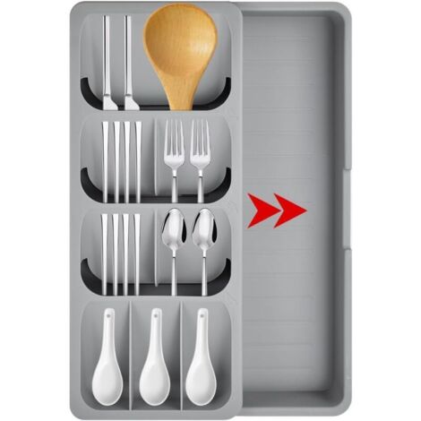 Cajón para cubiertos, organizador de cajones de cocina, divisor compacto para cubiertos, bandeja de plástico gris para cubiertos, cucharas, cuchillos y tenedores.
