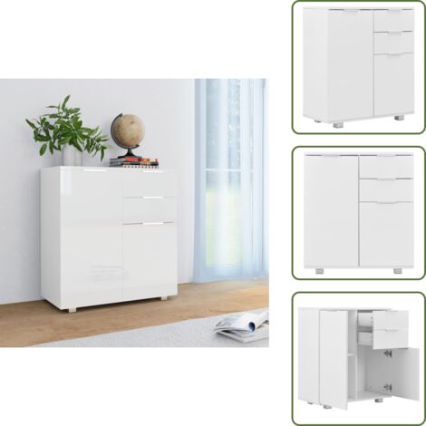 Cajón - vidaXL Aparador de aglomerado blanco brillante 71x35x80 cm - Puerta