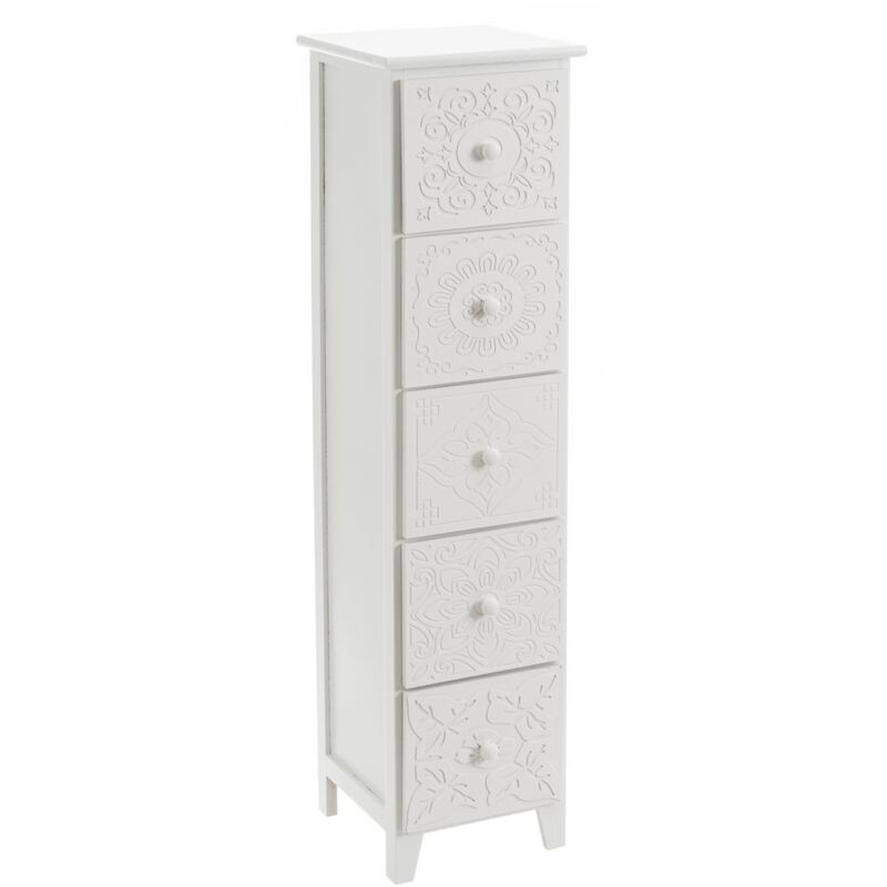

Cajonera blanca de paulonia y MDF con 5 cajones shabby chic, de 31x31x109 cm