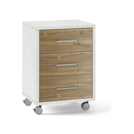 Cajonera con Ruedas, 3 cajones 51L x 41P x h71 – Acabado Blanco Mate y Madera Nogal – Sarmog