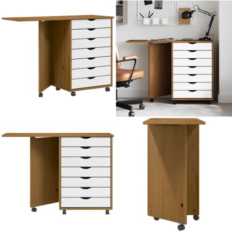 Cajonera con ruedas y escritorio MOSS madera pino marrón miel - Escritorio plegable - Mueble de oficina