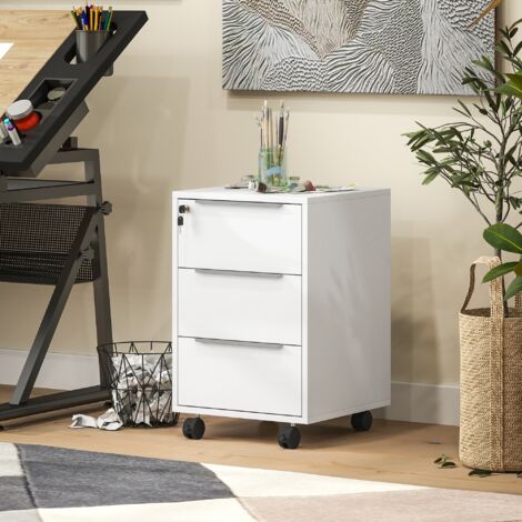 Cajonera de Escritorio con 3 Cajones Ruedas Cerradura y 2 Llaves para Estudio Salón 40x40x63,5 cm Blanco