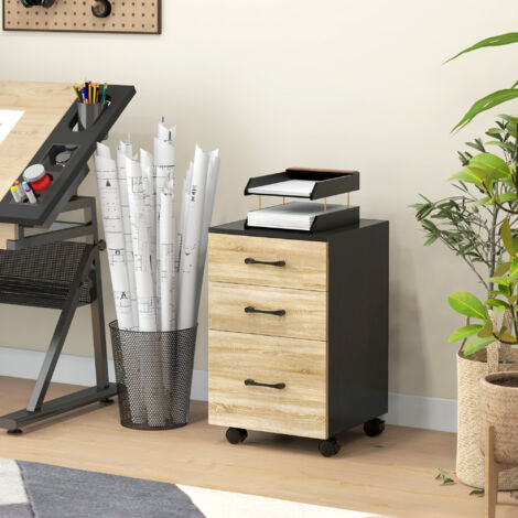 Cajonera de Oficina Mueble Archivador con Ruedas y Cajones y Barra Colgante para Archivos 40x42x65 cm Roble y Negro