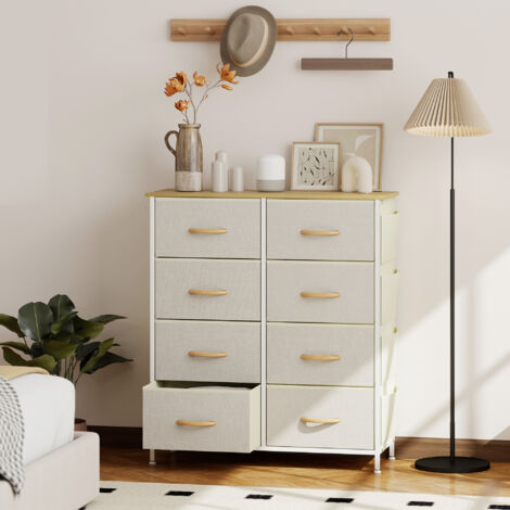 Cajonera de Tela Cómoda con 8 Cajones 4 Bolsillos Laterales 2 Ganchos y Estructura de Acero Beige