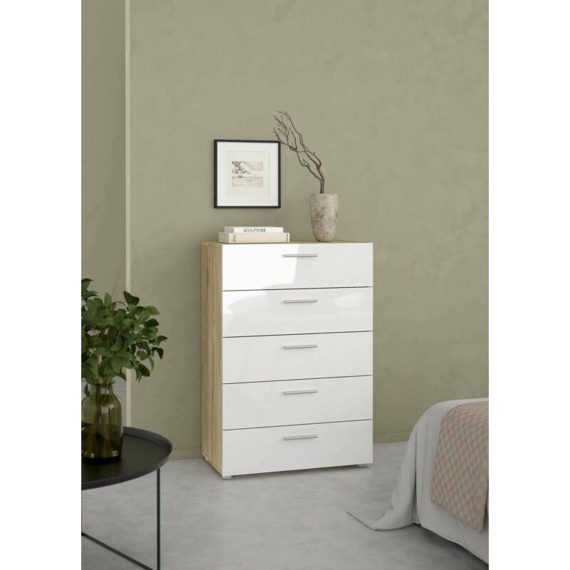 

Cajonera con cinco cajones, roble y color blanco brillante, 70 x 102 x 40,25 cm - Dmora