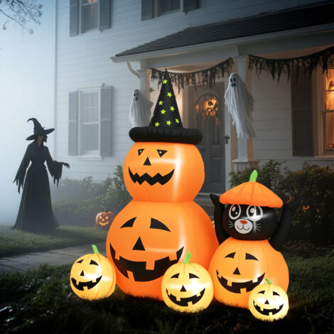 Calabaza Inflable de Halloween con Gato de 6 Pies con Luces LED IP44 e Inflador para Fiestas 160x100x180 cm Naranja