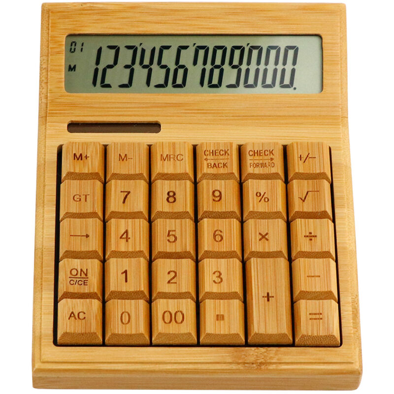 Lifcausal - Calculatrice électronique multifonctionnelle en bambou, compteur à 12 chiffres, solaire et batterie, double alimentation pour la maison,