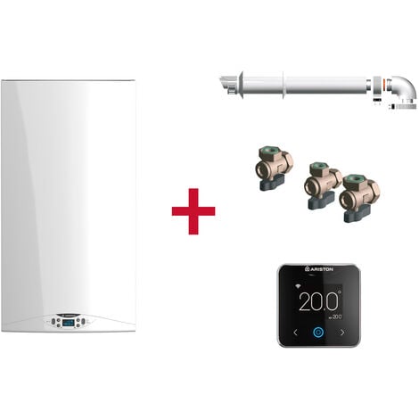 Caldera de condensación, Ariston, HS Premium 24 + Termostato Cube S Net + Kit de tres grifos + Kit salida de humos, Clase Energetica A