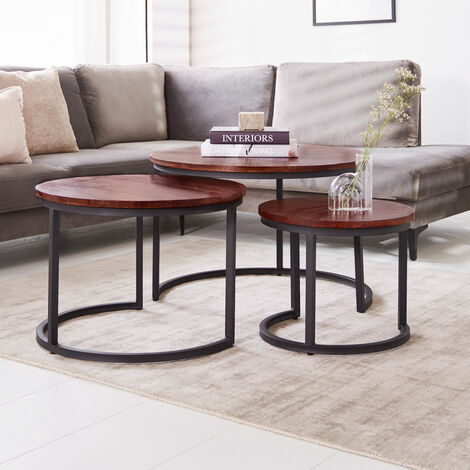 Caleb Table Basse Industrielle Ronde Ø72 / 57 / 43 cm - Bois Massif Set De 3 - Brun