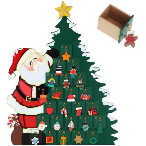 Calendario Avvento Babbo Natale con Albero in Legno 24 Cassetti e Decorazioni