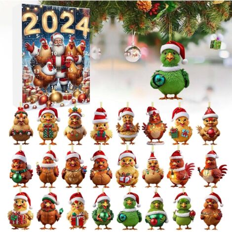 Calendario de Adviento 2024 - Calendario de Adviento 2D con gorro de Papá Noel - Decoración navideña colgante - Diseño de pollo - 24 días - Pollo