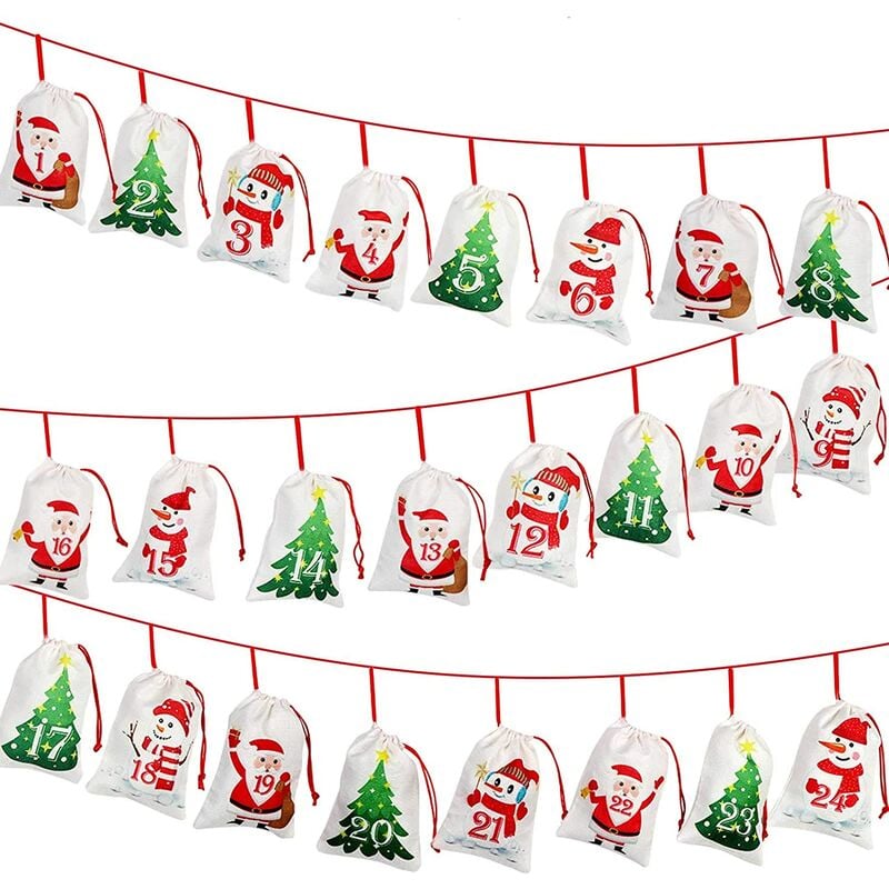 

Calendario de Adviento de Navidad 2021, 24 días Calendario de Adviento colgante de arpillera Bolsas de regalo de dulces DIY Navidad Cuenta regresiva
