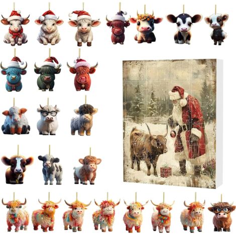Calendario de Adviento de Vacas de las Tierras Altas 2024, Calendario de Adviento acrílico con 24 piezas, Calendario de cuenta regresiva de 24 días, Decoración navideña coleccionable