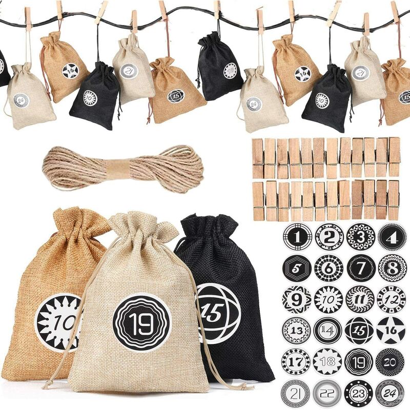 

Calendario de Adviento rellenable 24 pegatinas digitales Bolsas de arpillera colgantes para Navidad Bolsas de regalo de bricolaje Decoración navideña