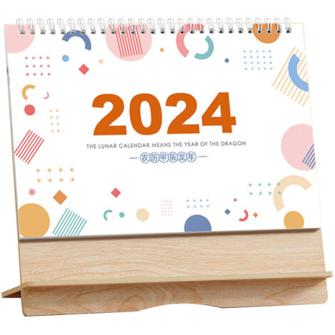 Calendario de escritorio horizontal con marco de madera [Nuevo modelo 2024] Diseño colorido de dibujos animados, decorativo y personalizable para la oficina o el hogar.
