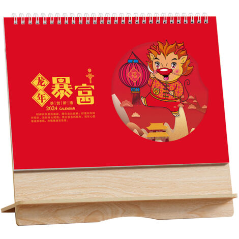 Calendario de escritorio original de madera, Año del Dragón 2024, esfera horizontal personalizable, diseño limpio y moderno.