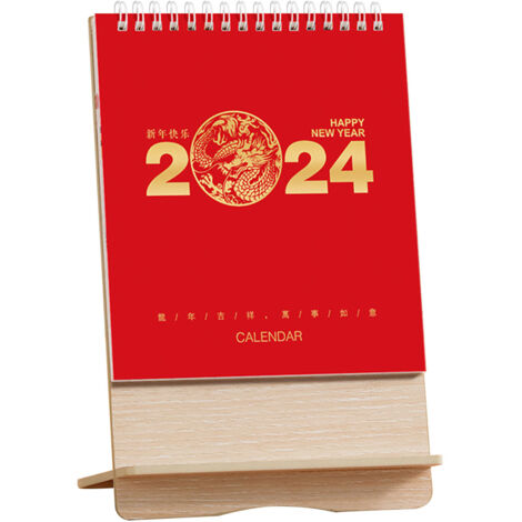 [Calendario de escritorio vertical] Calendario de Año Nuevo 2024 con diseño de dibujos animados – Año del Dragón, marco de madera sencillo y creativo, decoración de mesa profesional personalizable.