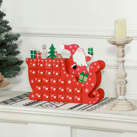 Calendario dell'Avvento 24 scomparti DIY Babbo Natale su slitta legno 22.5x8x36cm Rosso per scrivania