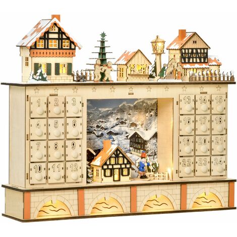 Calendario dell'Avvento  44x10x37 cm 24 Cassetti con Villaggio di Natale e Luci in Legno