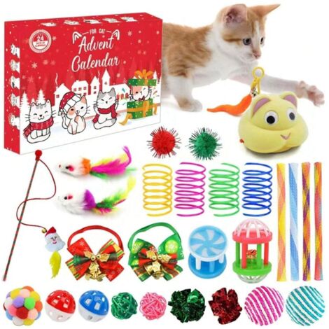 Calendario dell'Avvento a sorpresa per gatti, conto alla rovescia di 24 giorni per Natale, sblocco giornaliero di giocattoli a forma di topo/piuma/campanello, set regalo interattivo per gattini, regal