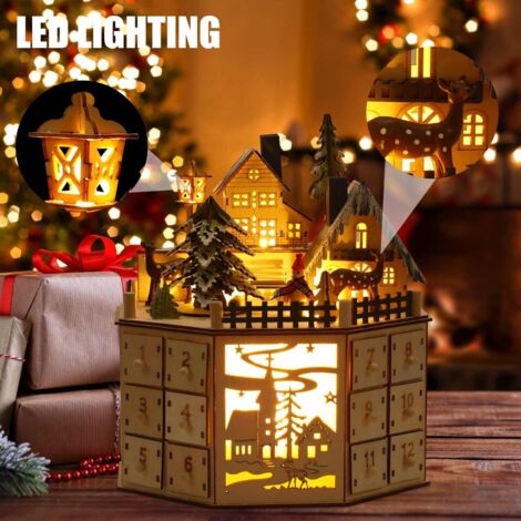Calendario dell'Avvento in legno 2025 da riempire - Castello magico con illuminazione a LED e carillon musicale - Decorazione natalizia riutilizzabile con 24 scatole - Idea regalo per adulti (1)