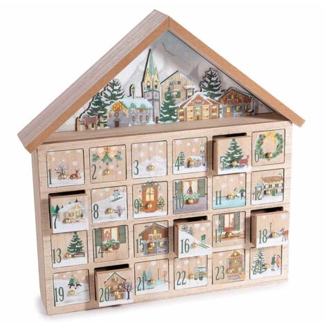 Calendario dellAvvento in legno a forma di casetta con paesaggio innevato