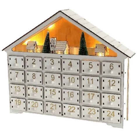 Calendario dell'Avvento natalizio in legno 2025 con luci LED, 24 cassetti portaoggetti, timer per il conto alla rovescia e 24 decorazioni, Casa Bianca