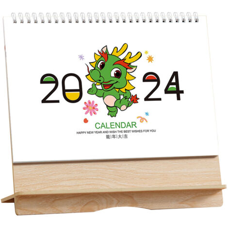 [Calendrier de Bureau] Cadre Bois Horizontal Calendrier 2024 Dragon Cartoon Nouveau, Ornement Bureau Créatif Simple Minimaliste, Cadeau Customisé