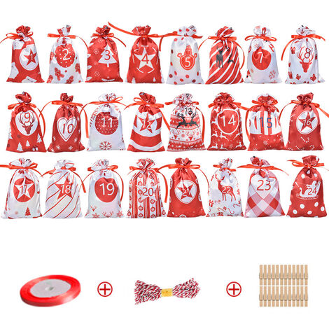 Calendrier de l'Avent 2022 à remplir grand format (15x10cm), 24 sachets en tissu polyester de haute qualité avec chiffres, Calendrier de Noël 2022 à remplir soi-même avec des sachets en tissu rose pou