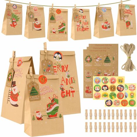 Calendrier de l'avent 2022 à remplir soi-même, 24 Calendrier de l'Avent Sacs, Pochettes pour Noël, Faire soi Calendrier Noel avec Autocollants et Pinces en Bois