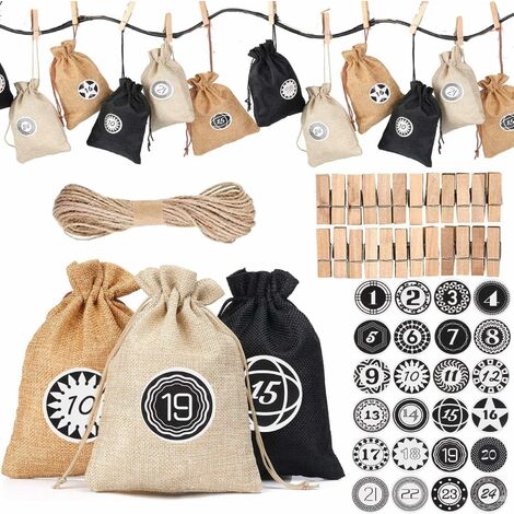 Calendrier de l'Avent à Remplir 24 Numérique Autocollants Sachets de Jute à Suspendre pour Noël DIY Sacs Cadeaux Décoration de Noël Rangement de Petits Objets Sac (Noir)