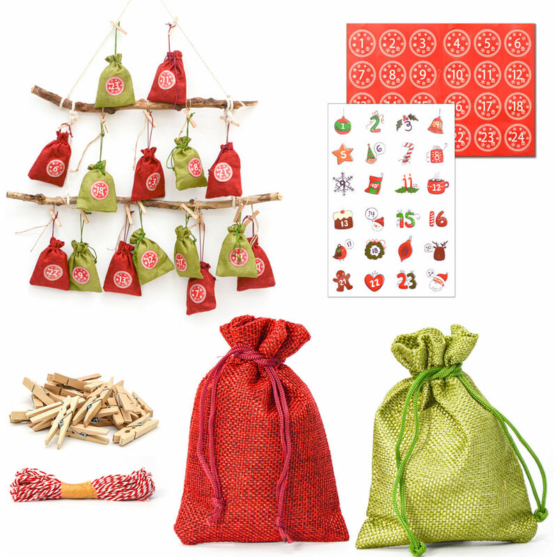 Dunedesign - Calendrier de l'Avent à Remplir - 24 Pochettes Cadeaux en Tissu - diy Kit Noël - rot