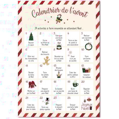 ADZIF.BIZ LE STICKER DE DECORATION Calendrier de l’Avent Affiche – 24 activités à faire en famille avant Noël – Poster ludique décoratif A4 – Papier brillant 250 g – Fabrication française