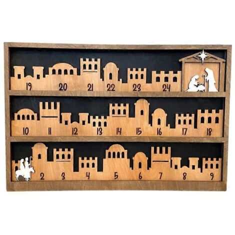 Calendrier de l'Avent Crèche de Noël avec Base en Bois pour Décoration Maison, Scène de Nativité en Bois Artisanal
