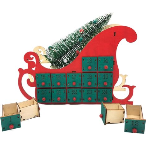 Calendrier De L'Avent En Bois Avec LED - 24 Tiroirs, Décors éclairés (arbre, Rennes) - Dimensions 30x13,5x27cm - Piles AA Non Incluses