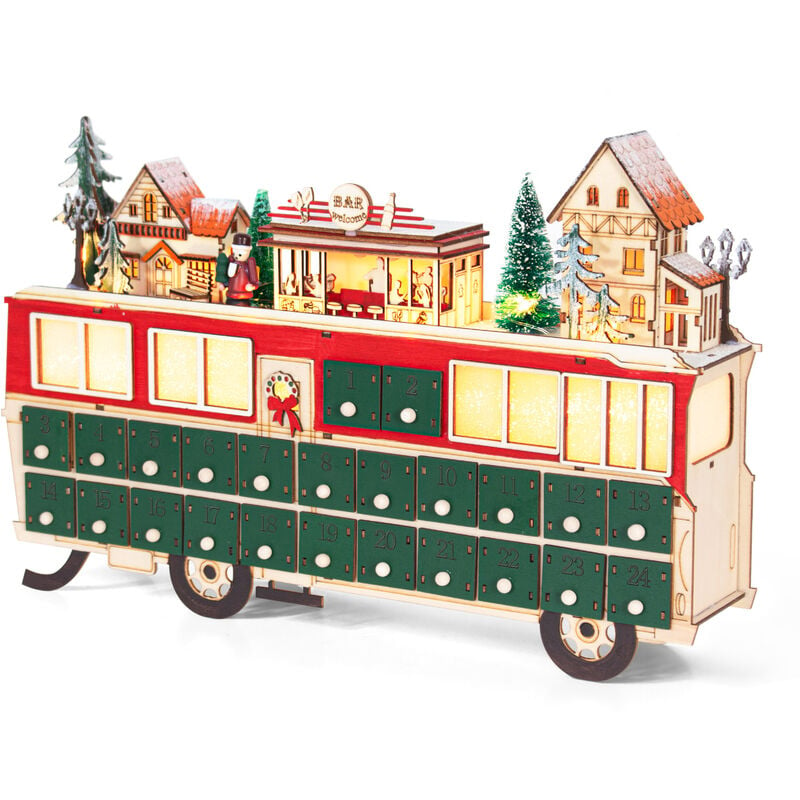 Calendrier de l'Avent en bois, 24 Tiroirs à remplir, Calendrier de l'Avent Lumineux, Forme du bus, Décoration de Noël en Bois, 43 x 8,5 x 28 cm