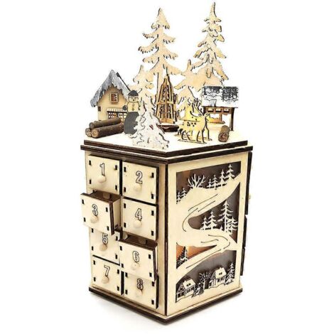 Calendrier de l'Avent en Bois avec 24 Tiroirs, Lumière LED et Musique Tournante - Décoration de Noël