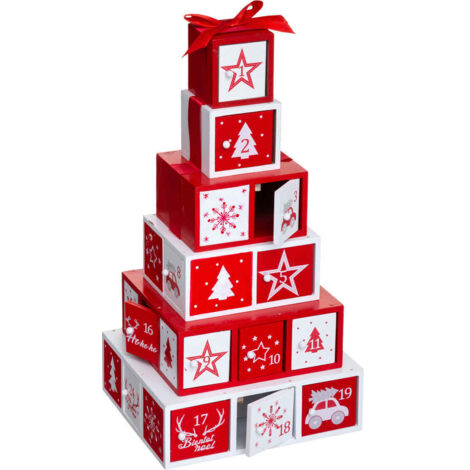 Calendrier de l'Avent en Bois Coloré Rouge et Blanc avec Boîtes Cadeau, Décoration de Noël, Dimensions 18x18x35 cm, Livraison Gratuite