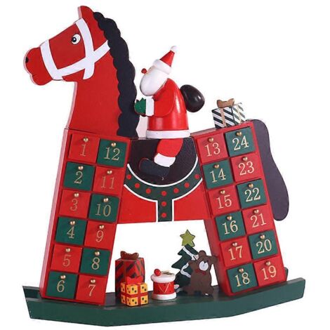 Calendrier de l'Avent en bois rouge et vert avec Père Noël à cheval, décoration de Noël