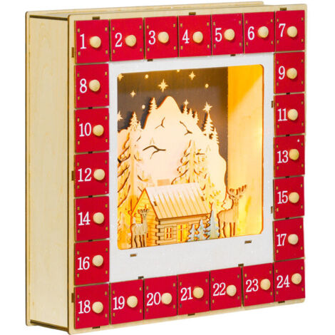Calendrier de l'Avent LED, décorations de Noël en bois, 24 tiroirs à remplir, décoration lumineuse, rouge