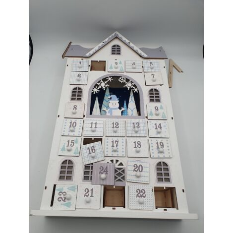 Calendrier de l'Avent - Maison en bois avec 24 tiroirs et éclairage à piles - Décoration hivernale réutilisable - Portes de certains tiroirs décollés (n°2 par exemple) et bordure de toit détachée...