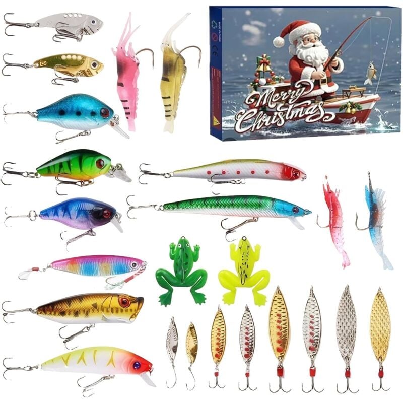 Calendrier de l'Avent pour matériel de pêche de Noël Ensemble de leurres de pêche Cadeau surprise de Noël 2023-2024 Nouveau calendrier de l'Avent