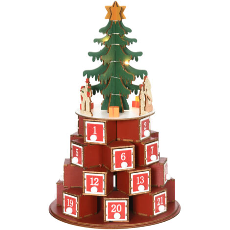Calendrier de l'Avent sapin conique décoré de motifs de Noël avec 10 lumières LED, 22x22x35 cm, en contreplaqué, rouge vert et jaune